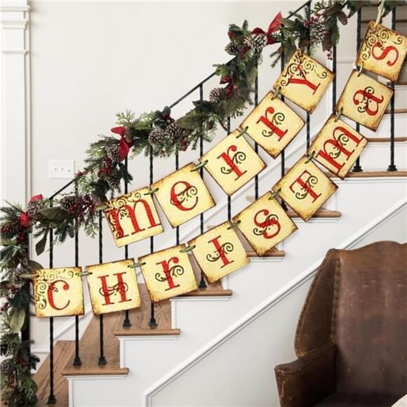 Christmas Decorations - Vintage Merry Christmas Banner - Retro Nostalgic - Picture 5 of 7